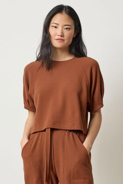Pleated Sleeve Waffle Top in praline by Lilla P