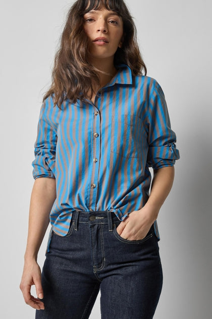 Striped Button Down Shirt in cocoa/lapis by Lilla P