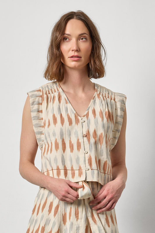 Ikat Shirred Shoulder Top in carob by Lilla P