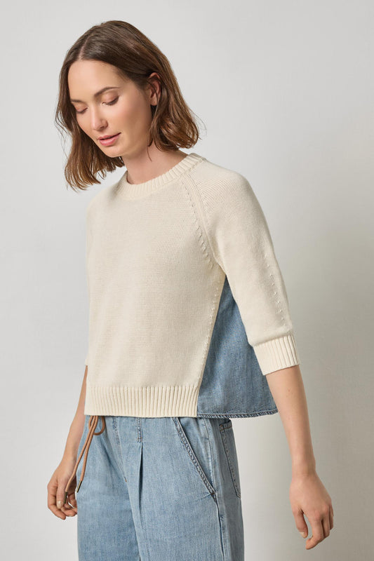 Denim Elbow Sleeve Sweater in off white by Lilla P