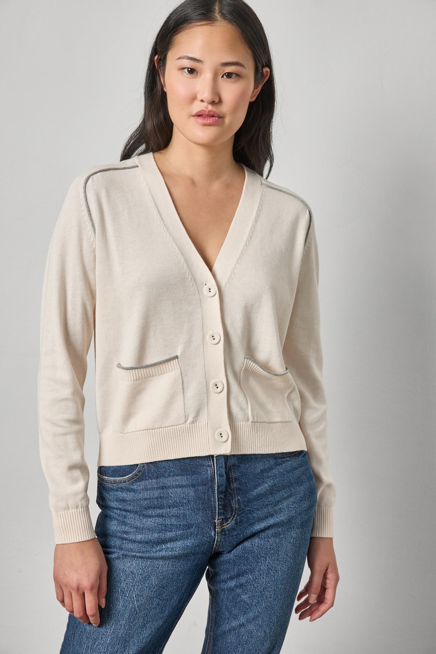 Saddle Sleeve V-Neck Cardigan in pearl by Lilla P