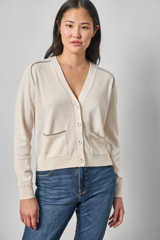 Saddle Sleeve V-Neck Cardigan in pearl by Lilla P