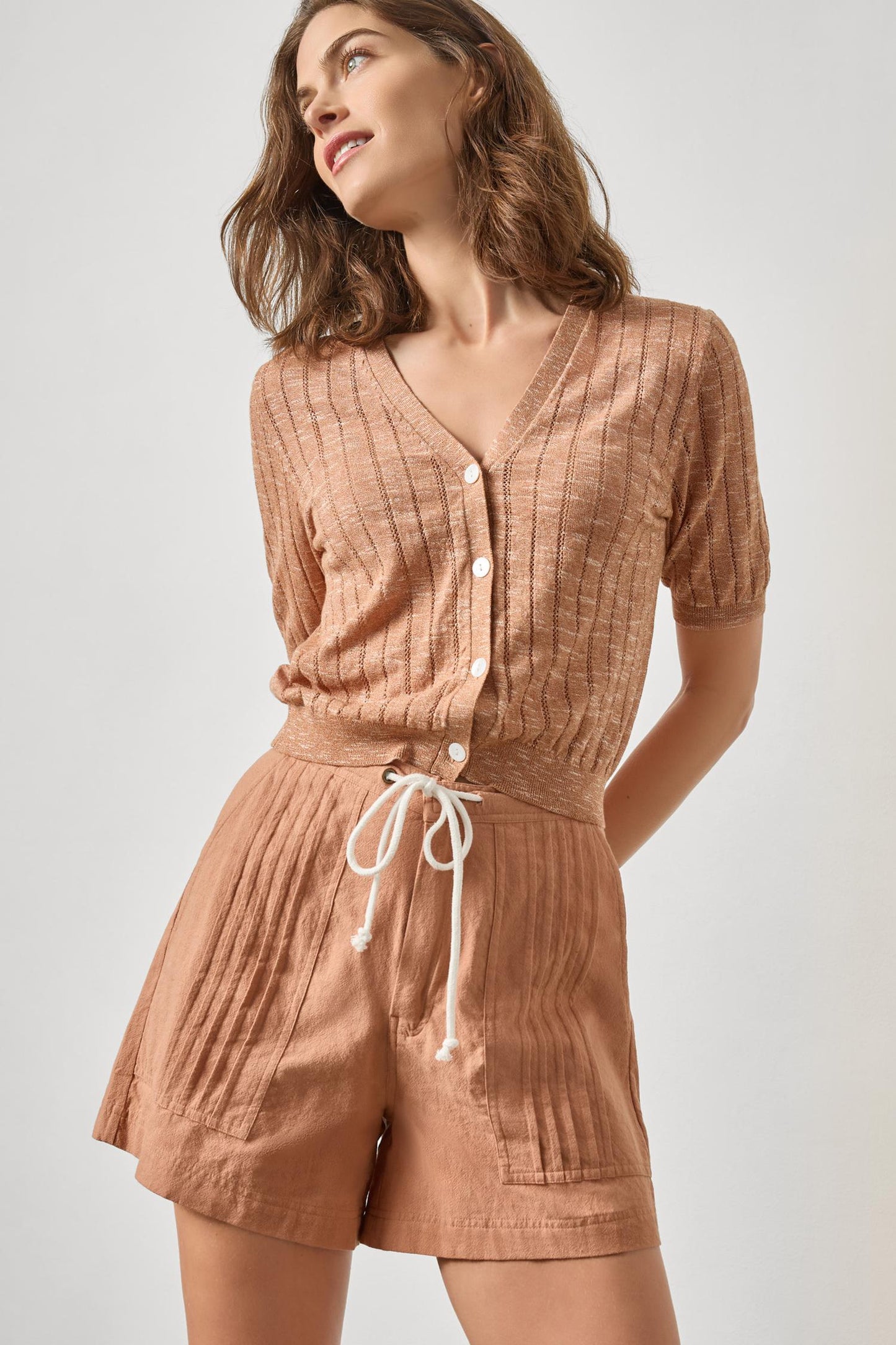 Open Stitch V-Neck Cardigan in coppertone by Lilla P