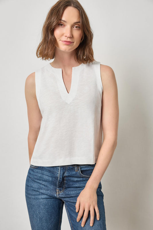 Pleat Back Split Neck Tank in white by Lilla P