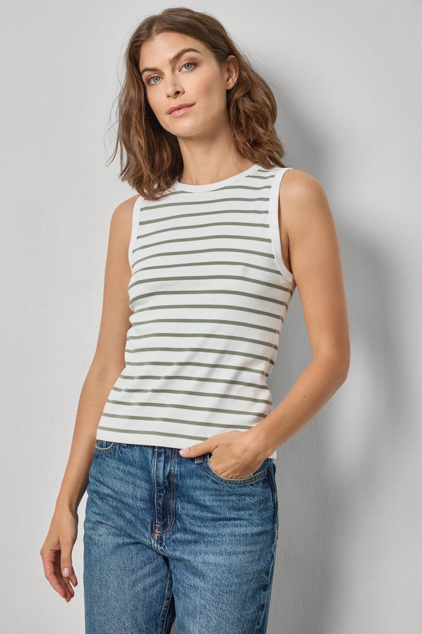 Rib Stripe High Neck Tank in sage stripe by Lilla P