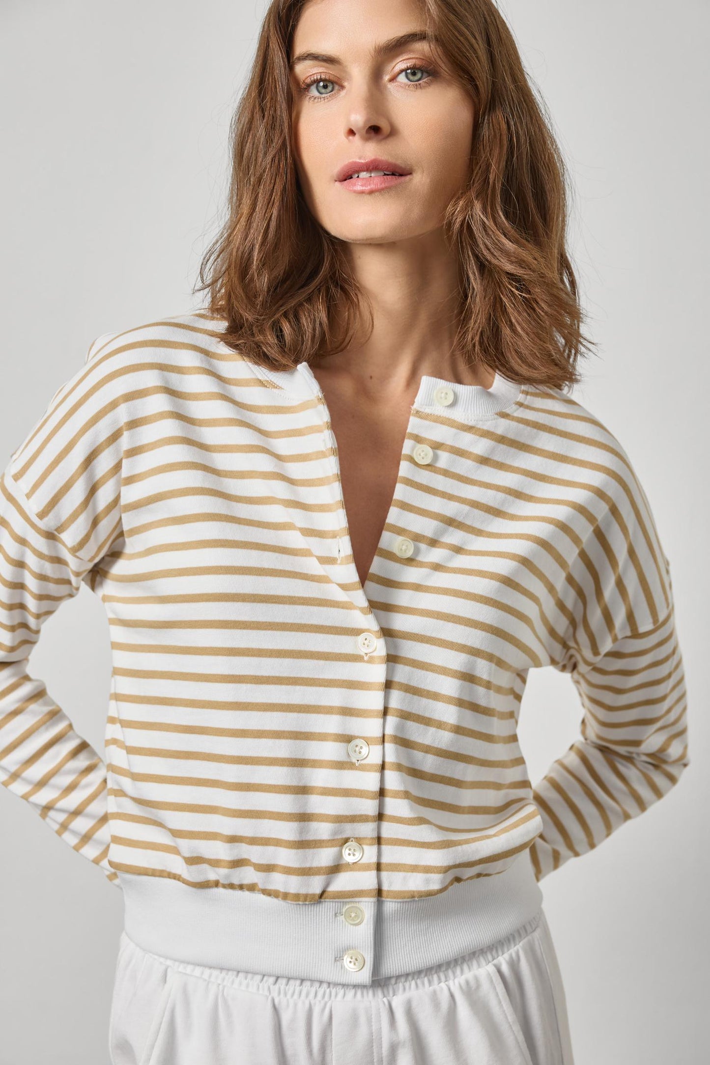 Rib Trim Cardigan in burlap stripe by Lilla P