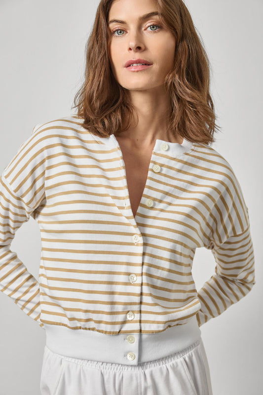 Rib Trim Cardigan in burlap stripe by Lilla P