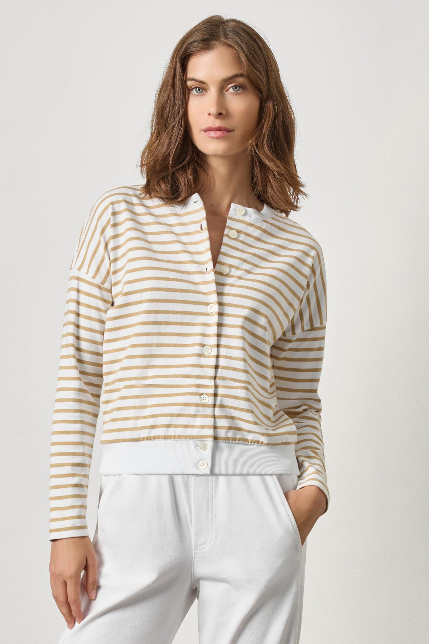 Rib Trim Cardigan in burlap stripe by Lilla P