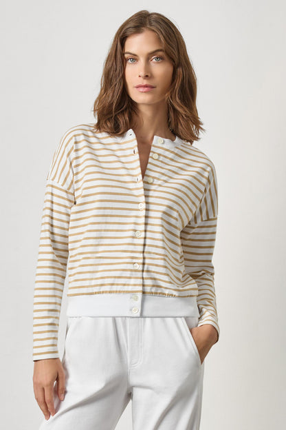 Rib Trim Cardigan in burlap stripe by Lilla P