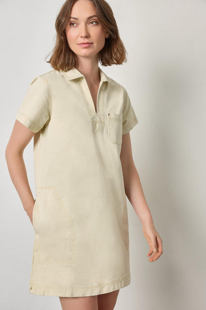 Twill Split Neck Collared Dress in parchment by Lilla P