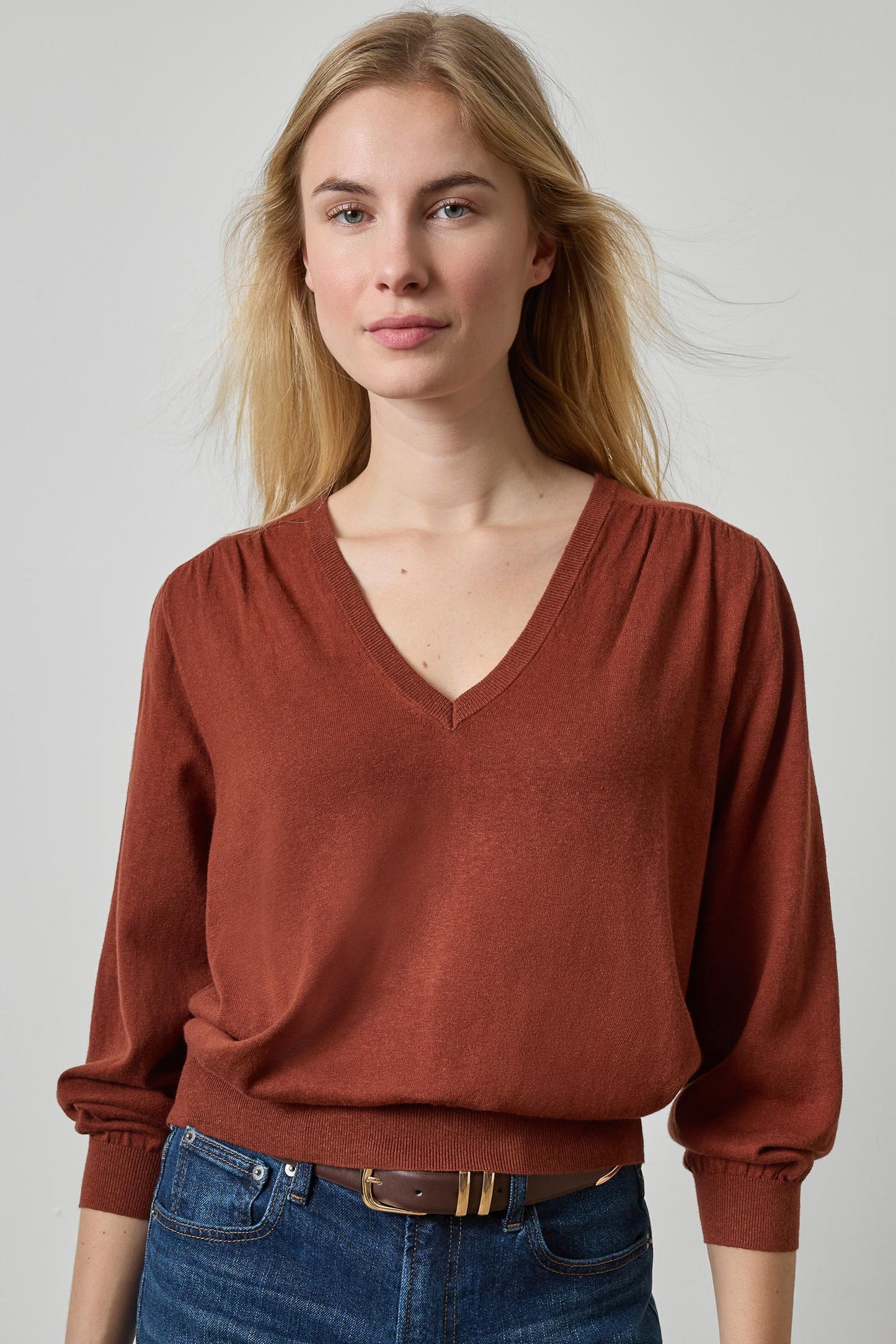 V-Neck Blouson Sweater in maplewood by Lilla P