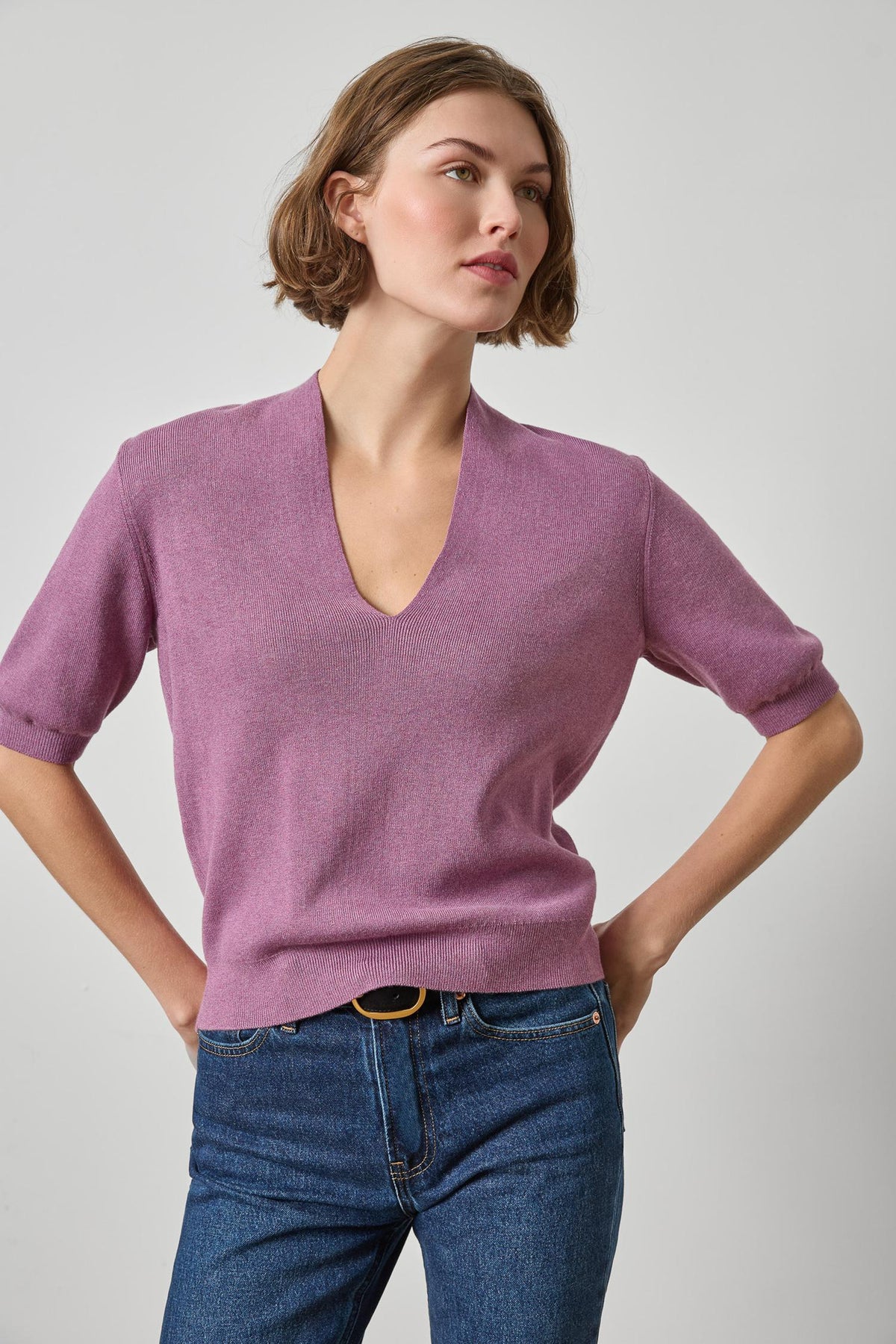 V-Neck Elbow Sleeve Sweater in dewberry by Lilla P