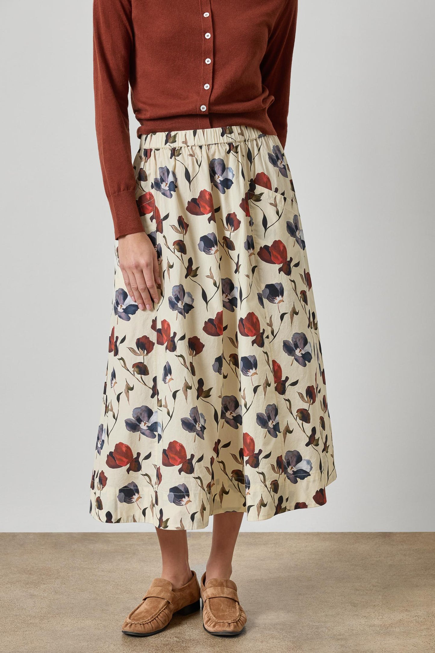 Elastic Waist Paneled Skirt in blue poppy print by Lilla P