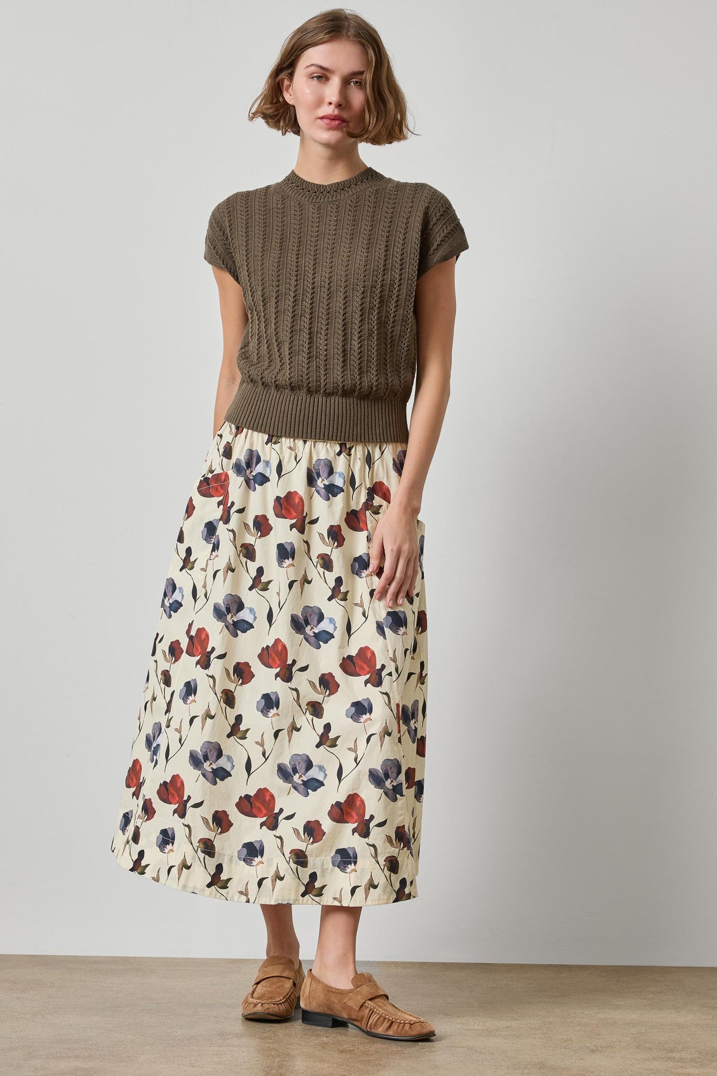 Elastic Waist Paneled Skirt in blue poppy print by Lilla P