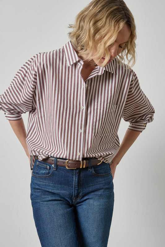 Dolman Sleeve Button Down Shirt in chestnut stripe by Lilla P