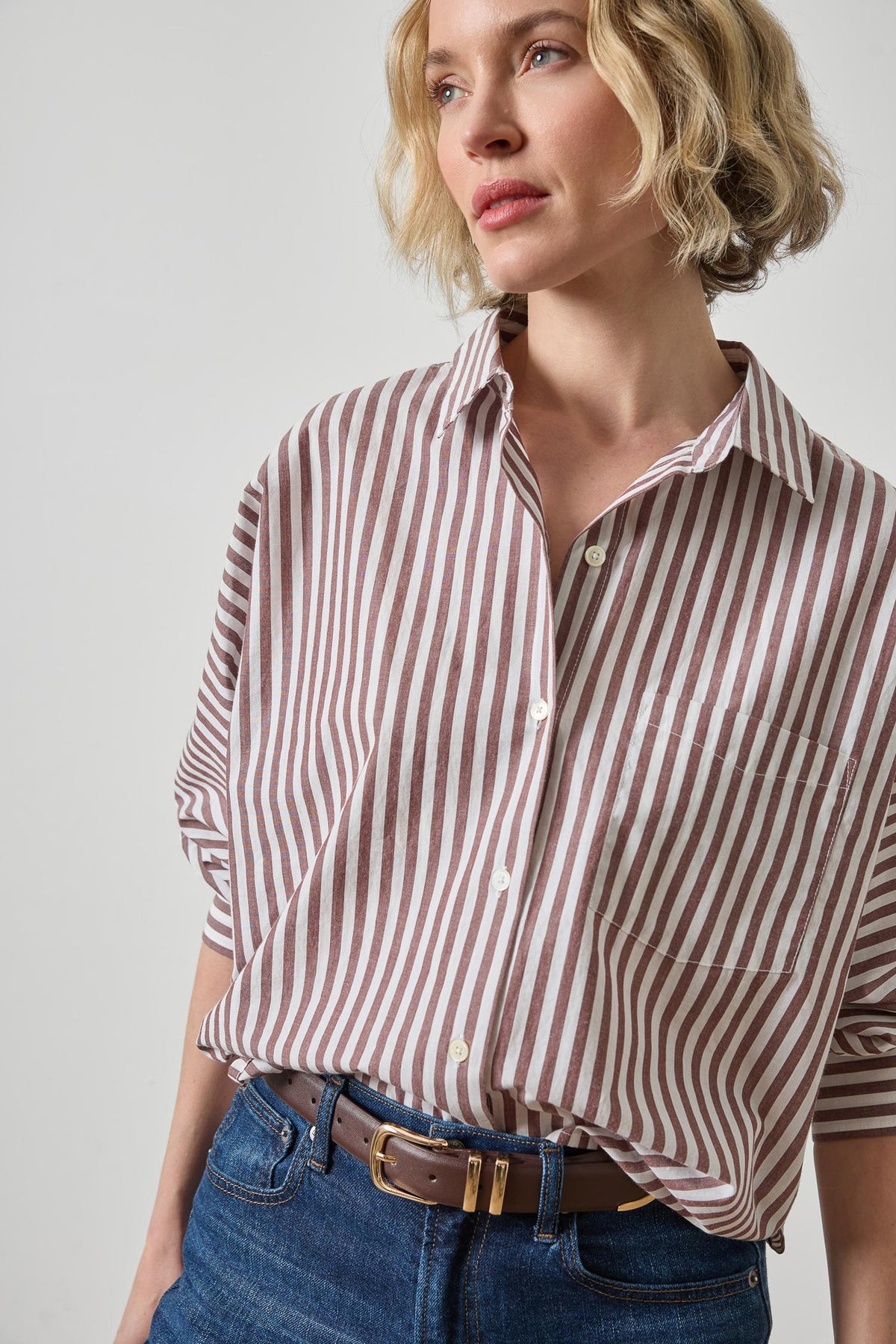 Dolman Sleeve Button Down Shirt in chestnut stripe by Lilla P