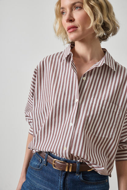 Dolman Sleeve Button Down Shirt in chestnut stripe by Lilla P