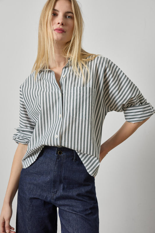 Dolman Sleeve Button Down Shirt in mineral stripe by Lilla P