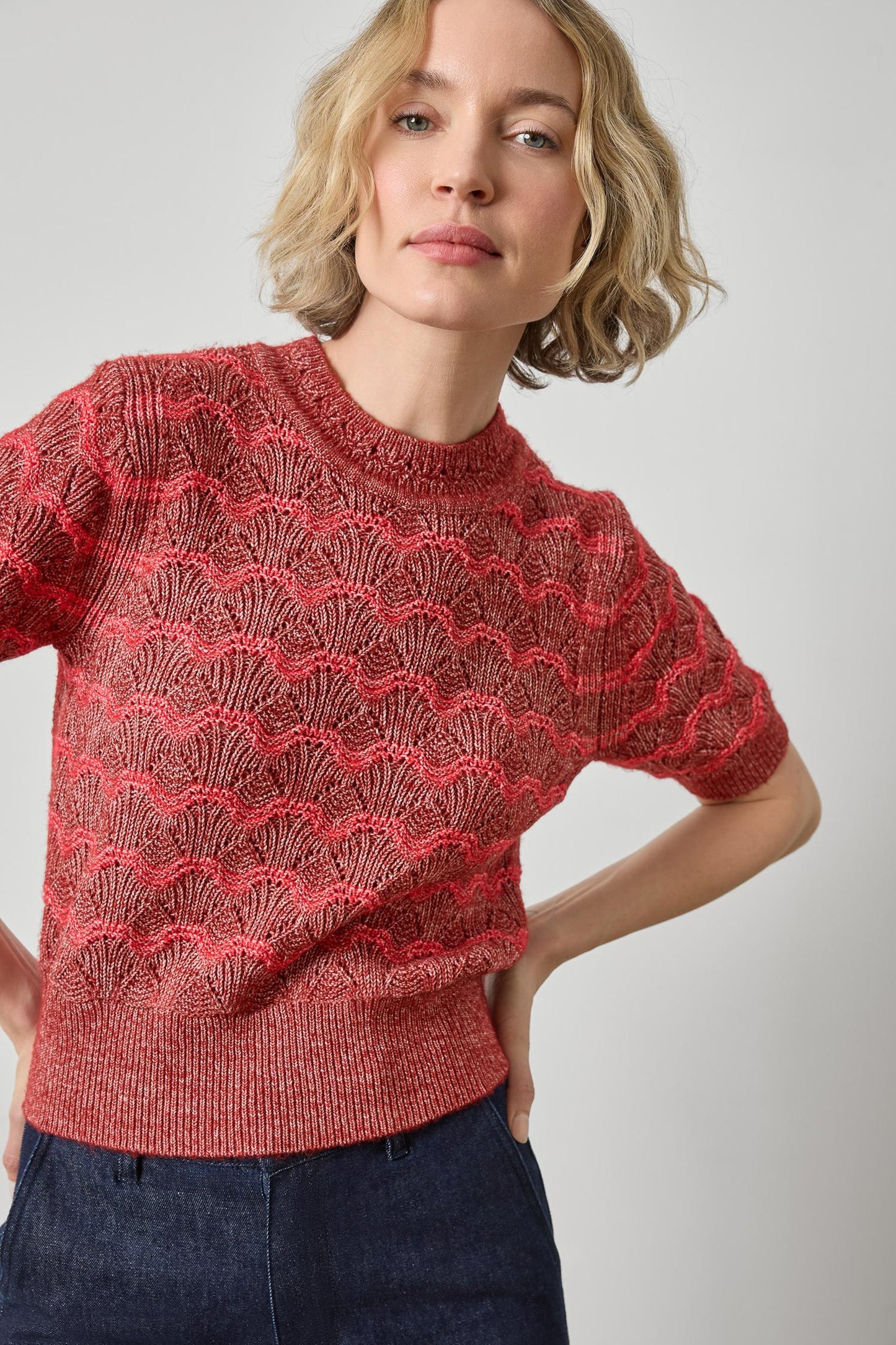 Short Sleeve Multistitch Pullover Sweater in oxblood stripe by Lilla P