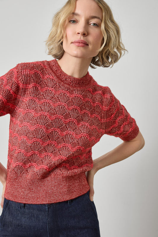 Short Sleeve Multistitch Pullover Sweater in oxblood stripe by Lilla P