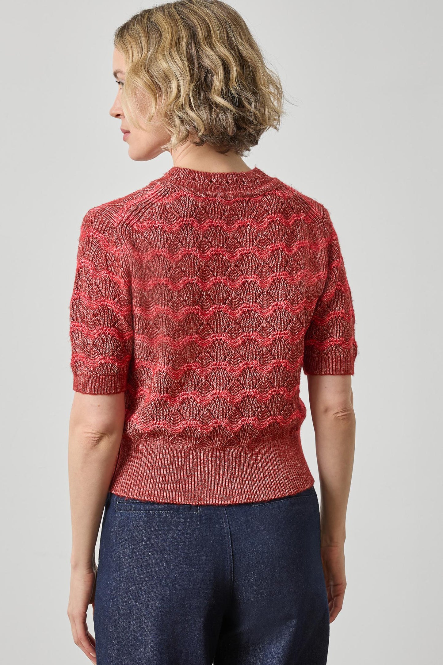 Short Sleeve Multistitch Pullover Sweater in oxblood stripe by Lilla P