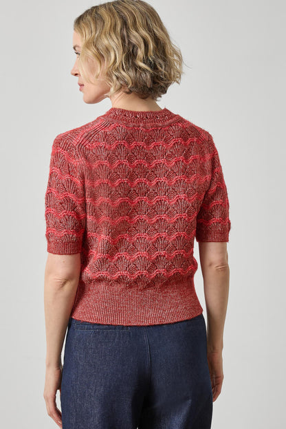Short Sleeve Multistitch Pullover Sweater in oxblood stripe by Lilla P