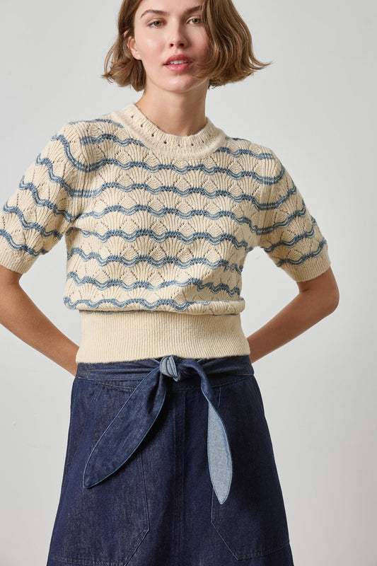 Short Sleeve Multistitch Pullover Sweater in winter white stripe by Lilla P