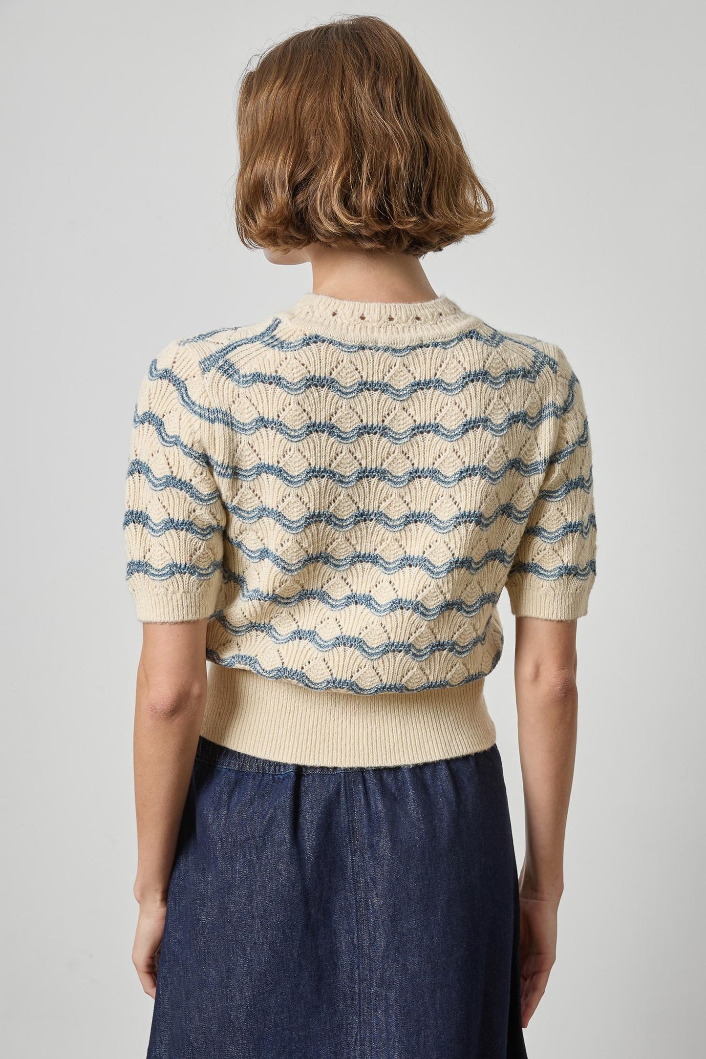Short Sleeve Multistitch Pullover Sweater in winter white stripe by Lilla P
