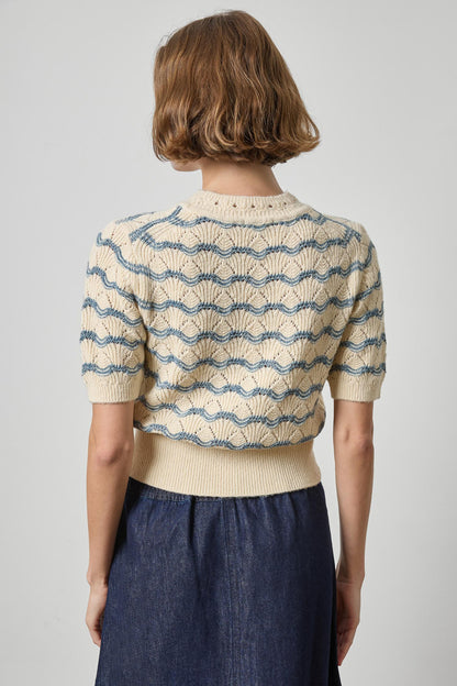 Short Sleeve Multistitch Pullover Sweater in winter white stripe by Lilla P