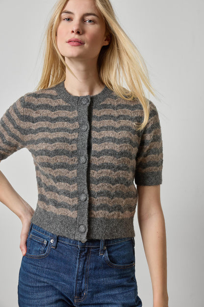 Short Sleeve Crewneck Cardigan in graphite stripe by Lilla P