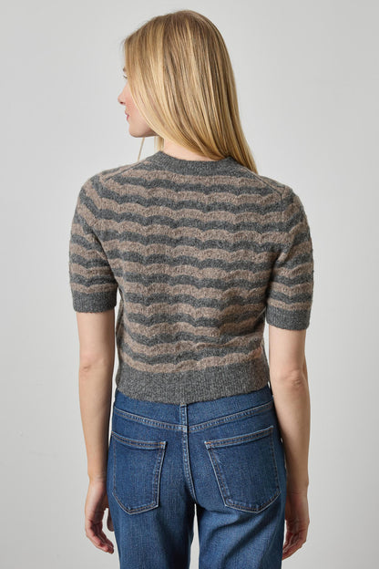 Short Sleeve Crewneck Cardigan in graphite stripe by Lilla P