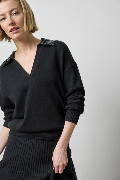 Sequin Polo Sweater in black by Lilla P
