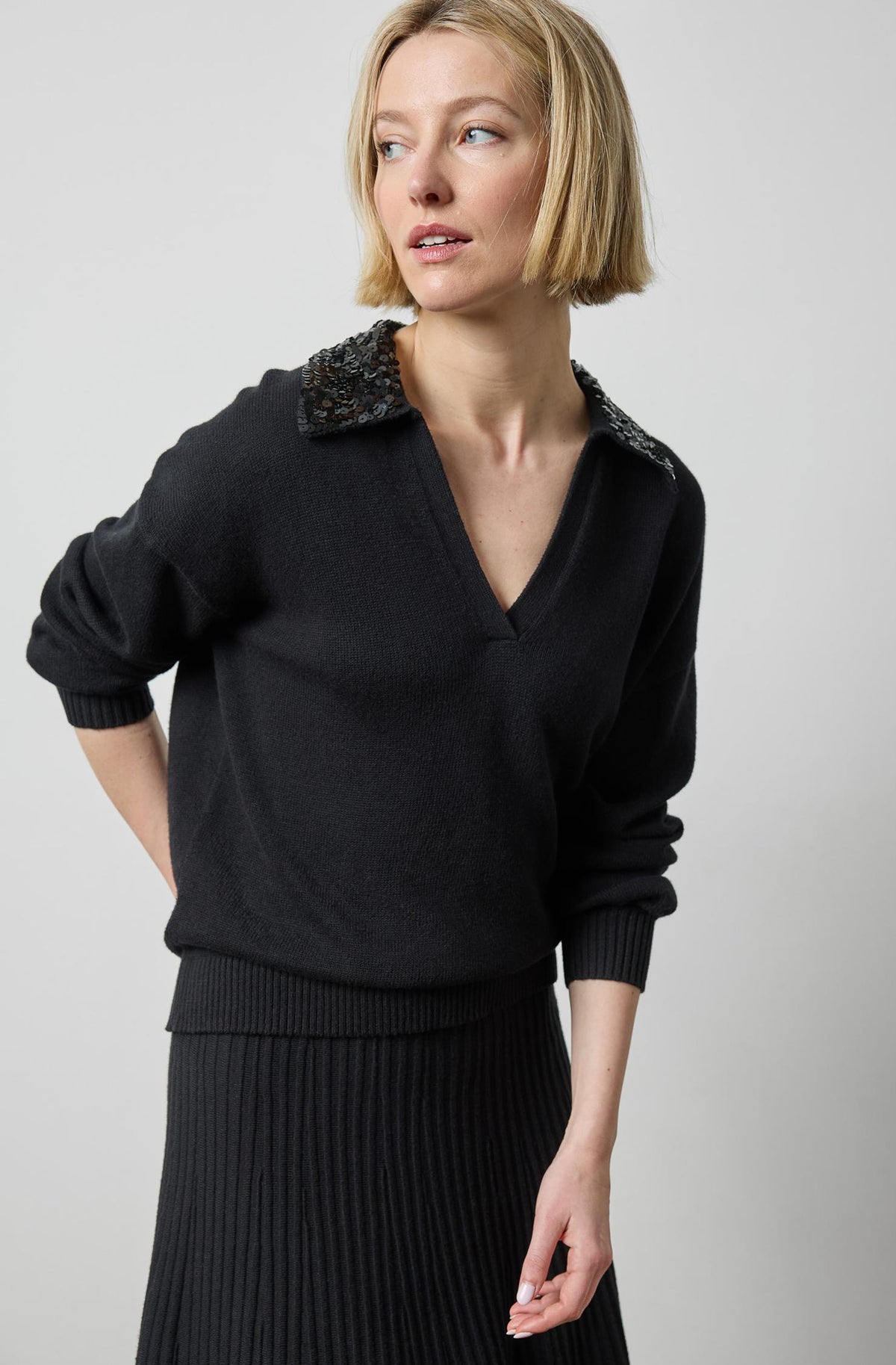 Sequin Polo Sweater in black by Lilla P