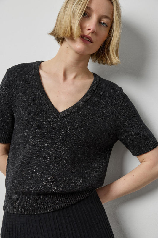 Short Sleeve V-Neck Sparkle Sweater in black sparkle by Lilla P