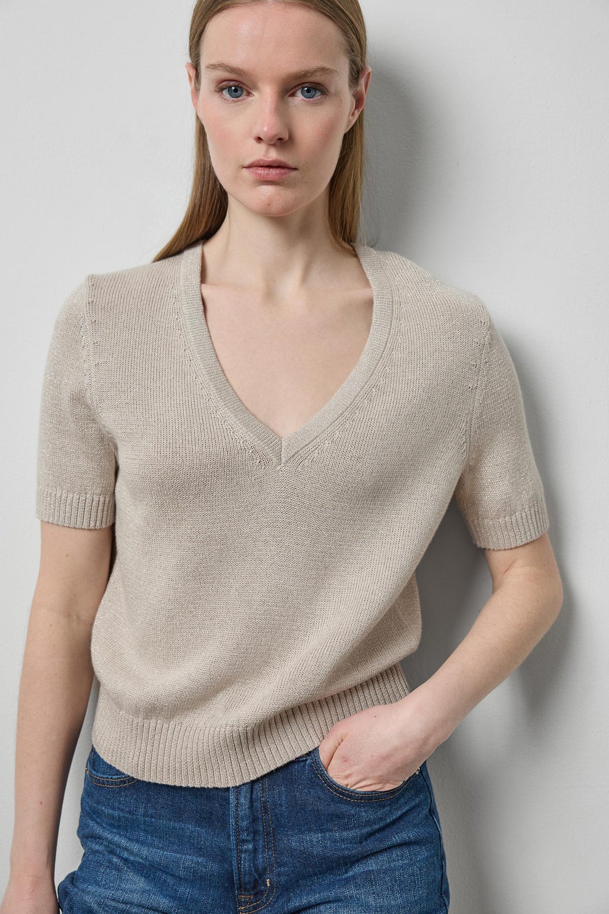 Short Sleeve V-Neck Sparkle Sweater in dove sparkle by Lilla P