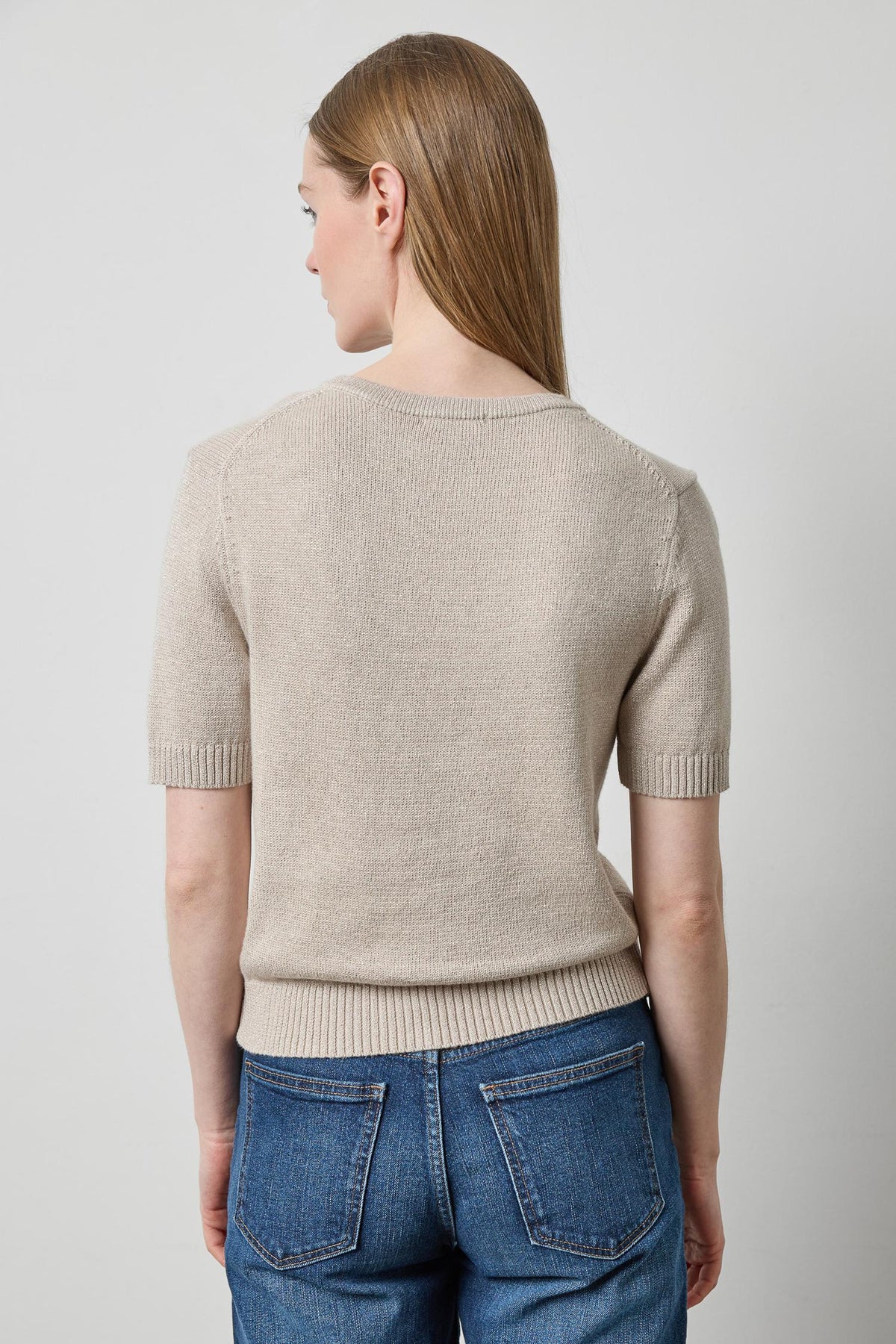 Short Sleeve V-Neck Sparkle Sweater in dove sparkle by Lilla P