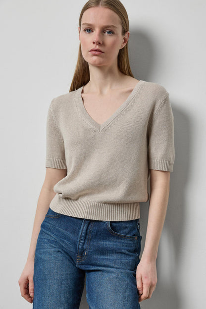 Short Sleeve V-Neck Sparkle Sweater in dove sparkle by Lilla P