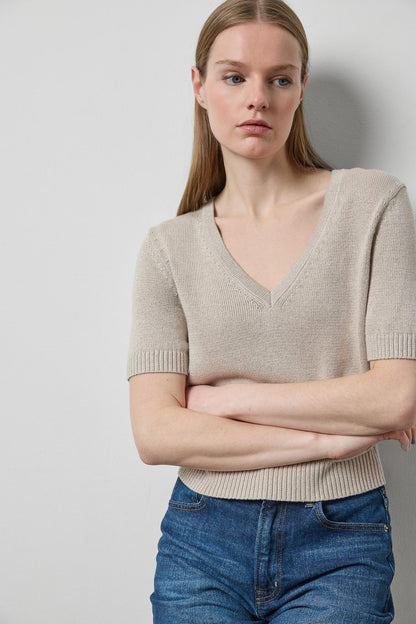 Short Sleeve V-Neck Sparkle Sweater in dove sparkle by Lilla P