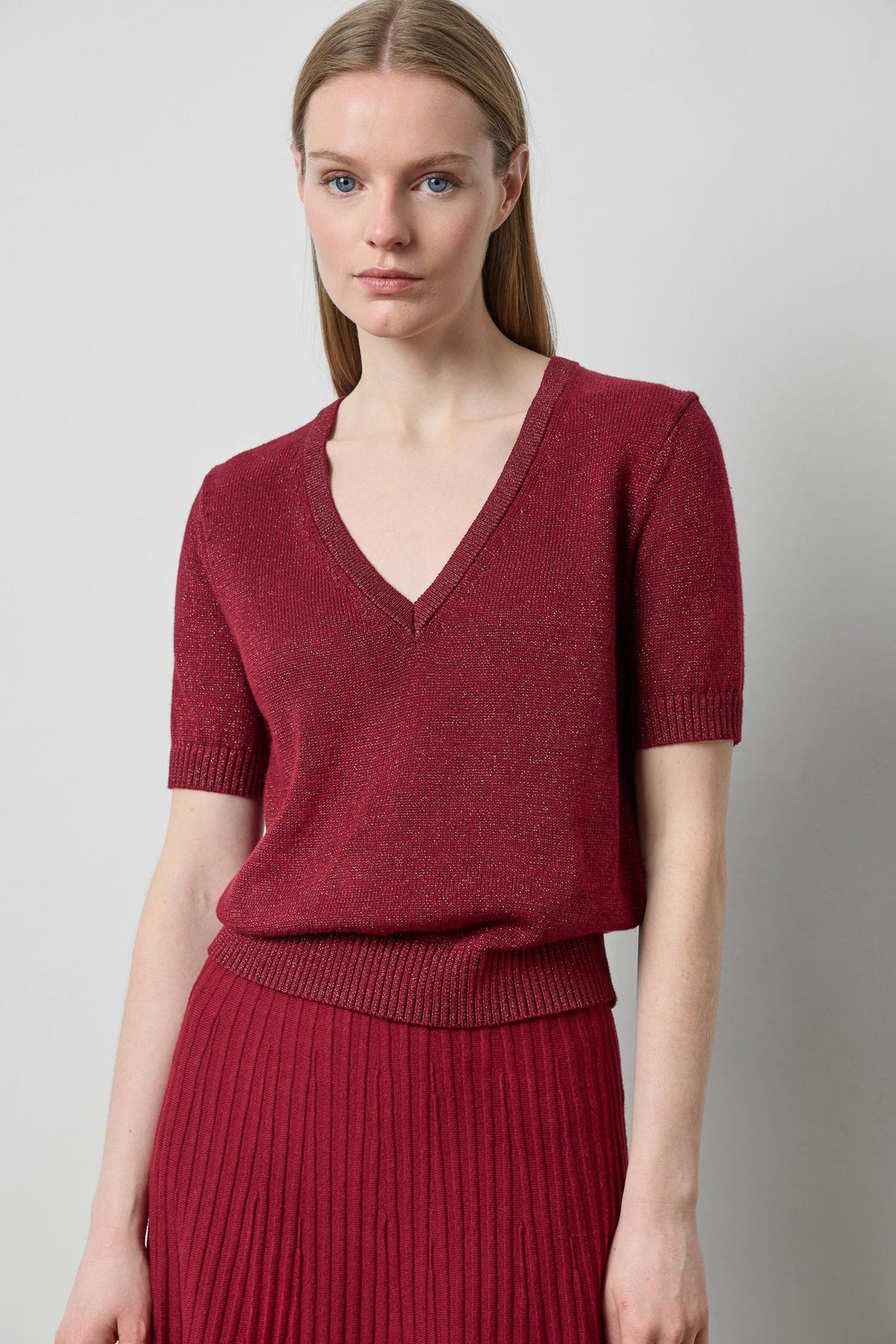 Short Sleeve V-Neck Sparkle Sweater in wineberry sparkle by Lilla P