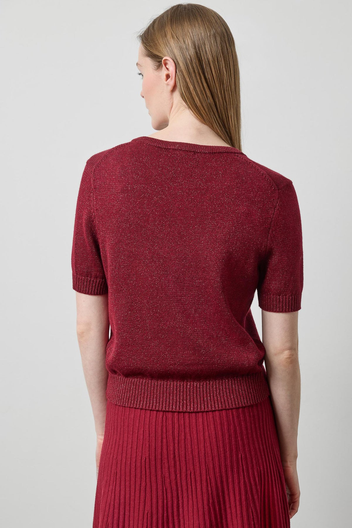 Short Sleeve V-Neck Sparkle Sweater in wineberry sparkle by Lilla P