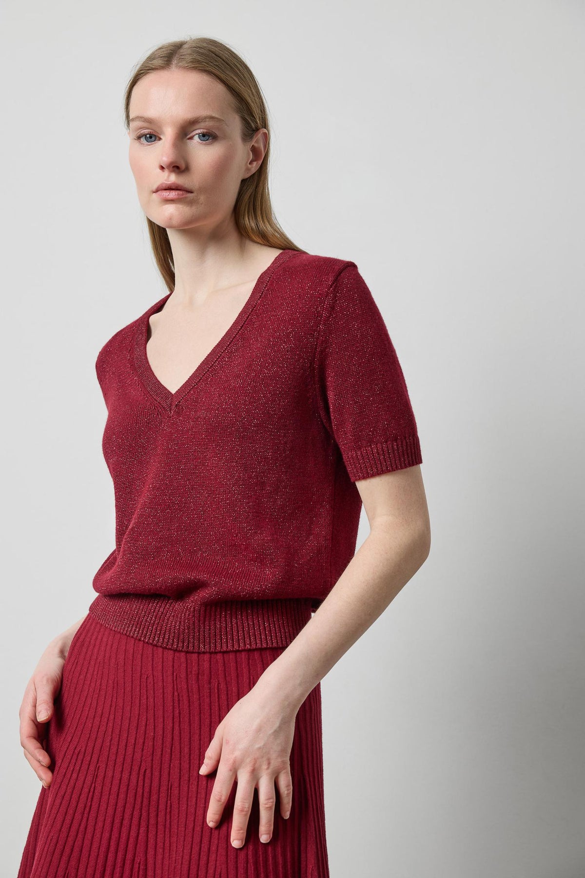 Short Sleeve V-Neck Sparkle Sweater in wineberry sparkle by Lilla P