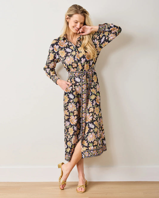 Monaco Gardenscape Midi Dress in jet black by Printfresh