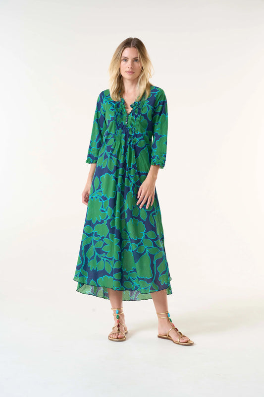 Porto Vecchio Long Poppy Dress in navy/green by Oneseason