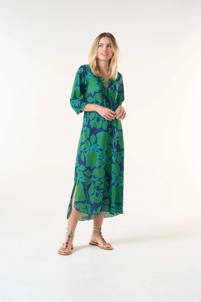 Porto Vecchio Long Poppy Dress in navy/green by Oneseason