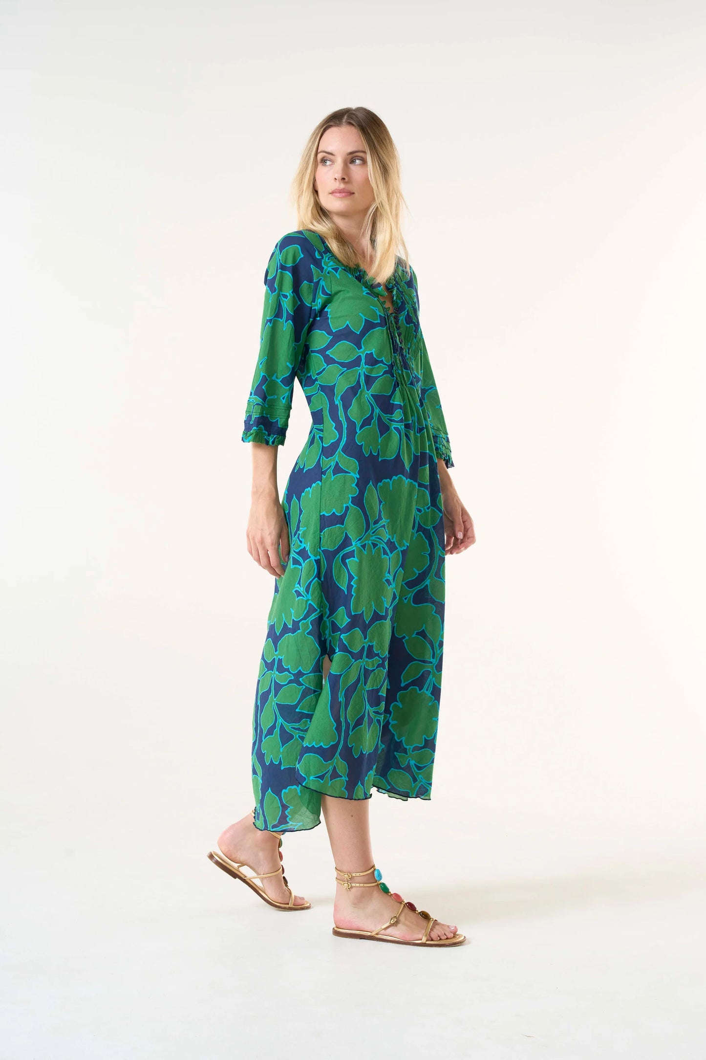 Porto Vecchio Long Poppy Dress in navy/green by Oneseason