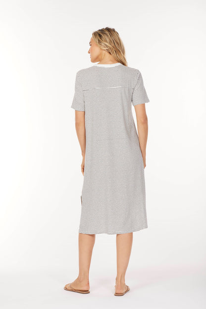 Half Sleeve Crew Midi Stripe Dress in white/black by Mododoc