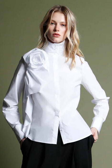 Side Rosette Button Down Top in white by Psophia