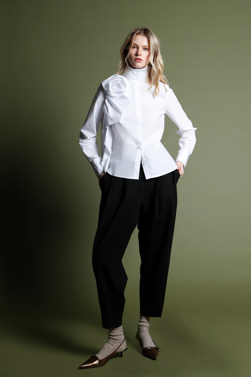 Side Rosette Button Down Top in white by Psophia
