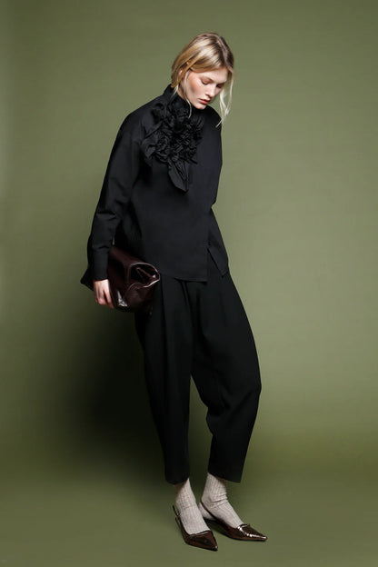 Long Sleeve Flower Accent Poplin Top in black by Psophia