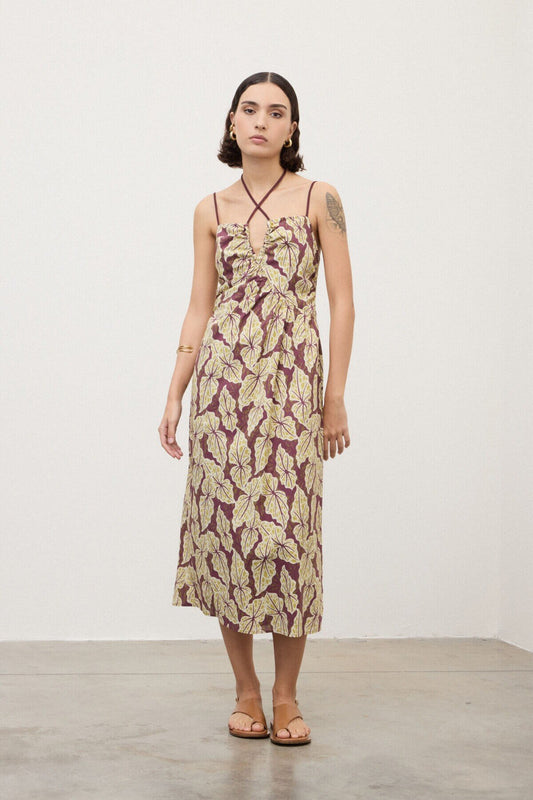 Leaf Print Midi Dress in merlot by Ottod'Ame